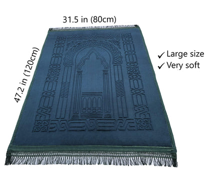 Prayer Rug Muslim Mat Islamic - Thick Large Padded Sajadah for Kids Men Women with Islam Prayer Beads for Eid Travel Ramadan, Soft Luxury Great for Knees and Forehead(Green)