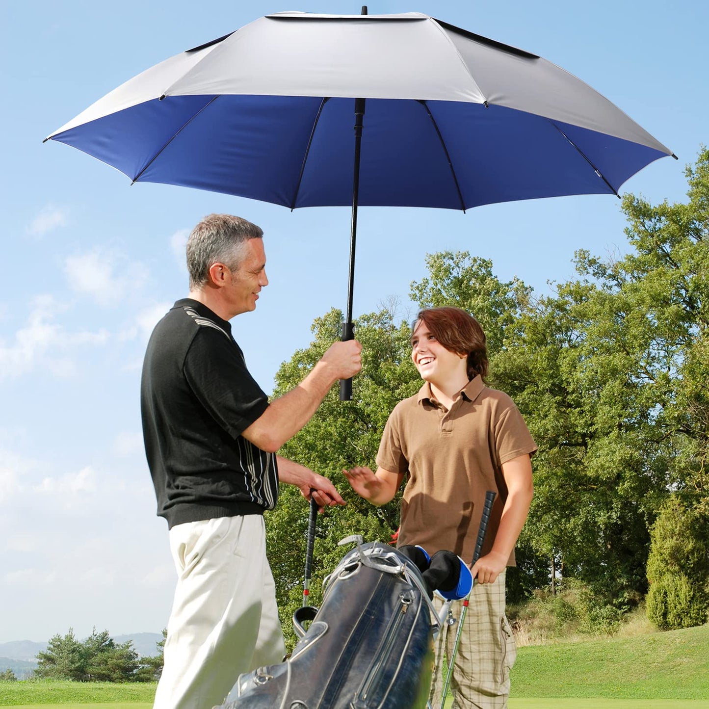 G4Free Vented UV Golf/Beach Umbrella 68" Arc, Auto Open Oversize Extra Large Windproof Sun Shade Rain Umbrellas(Silver/Blue)