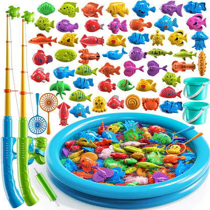 JUKUDAHU Magnet Fishing Toys Game for Kids 3-5 - Floating Fish Toys with Inflatable Kiddie Pool, Bath for Toddlers, Pole Rod Net, Outdoor Party for Boys Girls Kids Age 3 4 5 6 7 8 Year Old