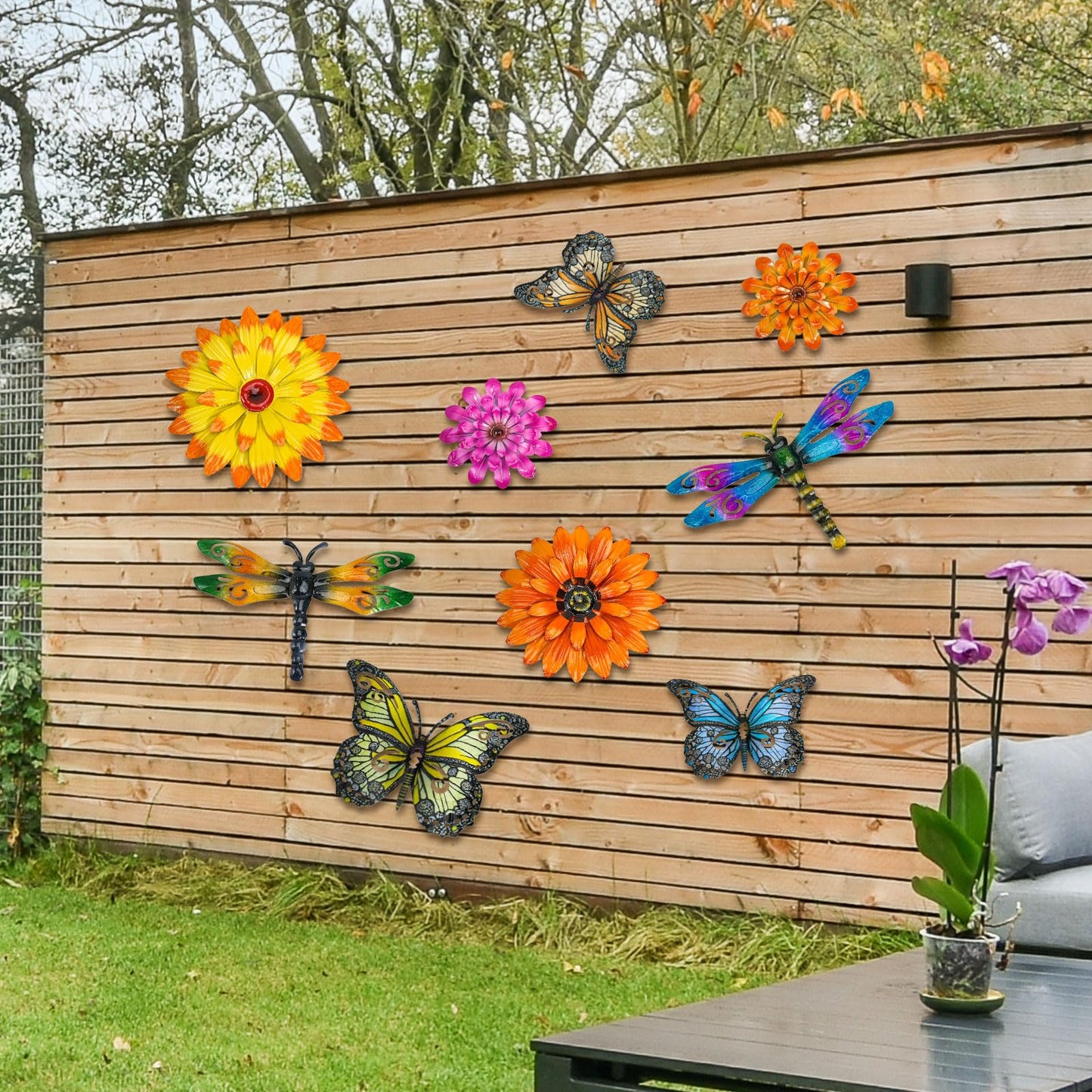 Orgthin 9 Pack 9.9" Metal Butterfly Dragonfly Flower Wall Decor, Fence Wall Art Decor, Hanging Decoration for Garden Yard Living Room Bedroom Patio Balcony