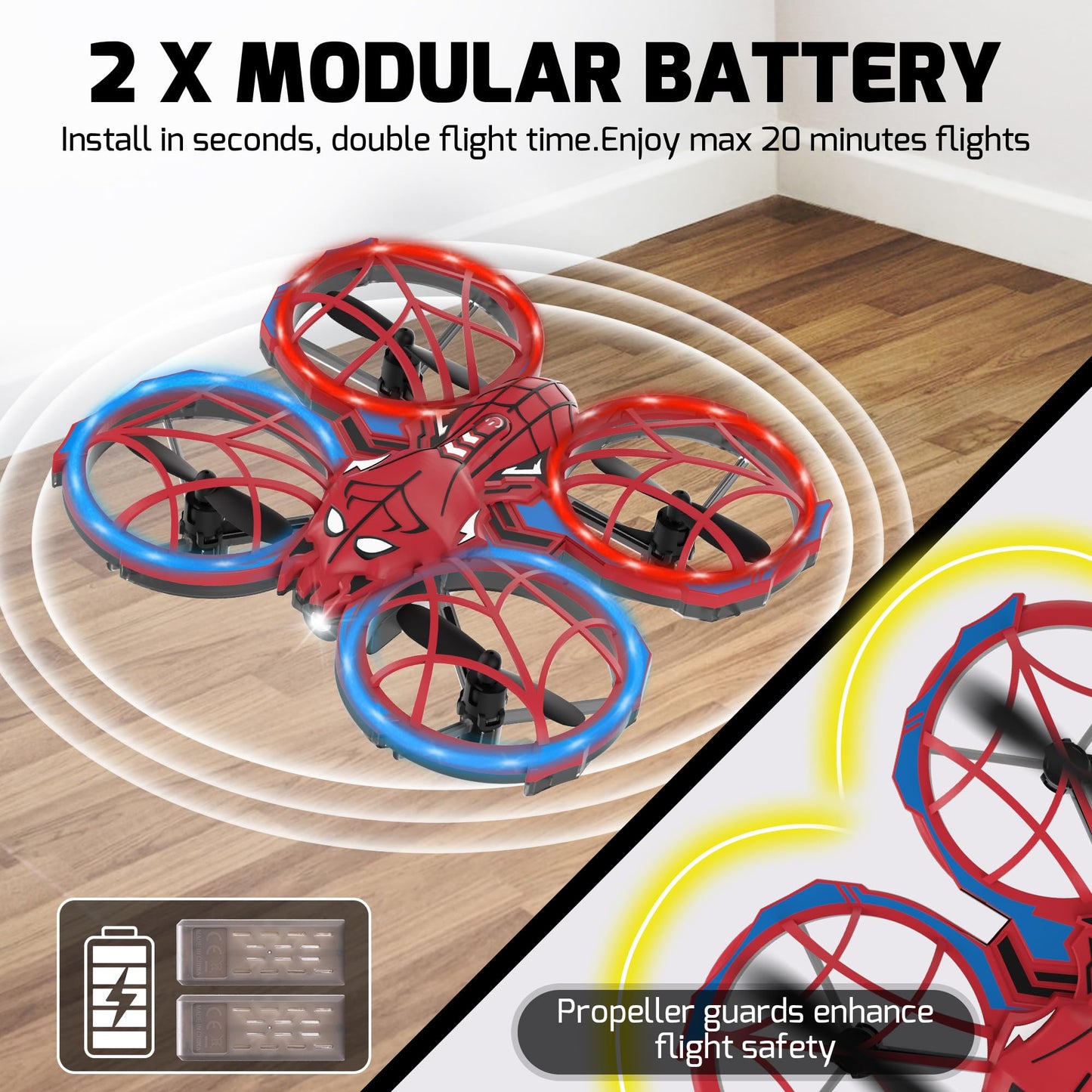 Spider Mini Drone for Kids with Altitude Hold and Headless Mode, 2 Batteries, Full Propeller Guards, 3 Lighting Effects, 360° Flips, 3 Speeds, Birthday Gifts Toys for Beginners Boys Girls