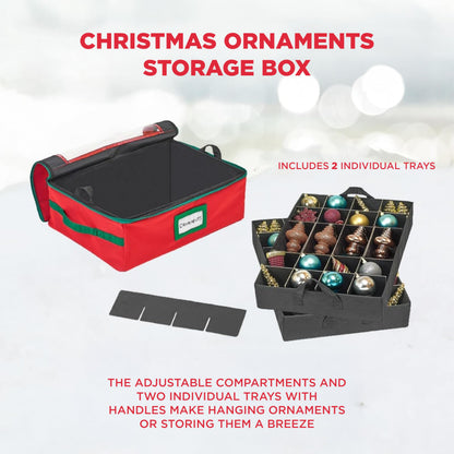 HOLDN’ STORAGE Christmas Ornament Storage Box with Dividers - Fits 48-3” Ornaments, 2 Removable Trays, Durable & Space-Saving, Clear Top Lid, Fits Underbed, Red