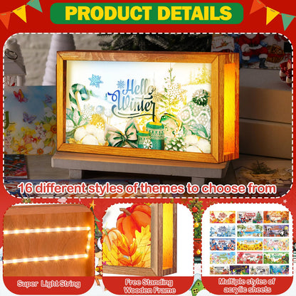 Yuefunny 17 Pcs Interchangeable Holiday Season Sign Fall Thanksgiving Christmas Winter Night Light Shadow Box LED Welcome Wood Sign for Table Decorative Wooden Seasonal Decorations Ornament Gifts
