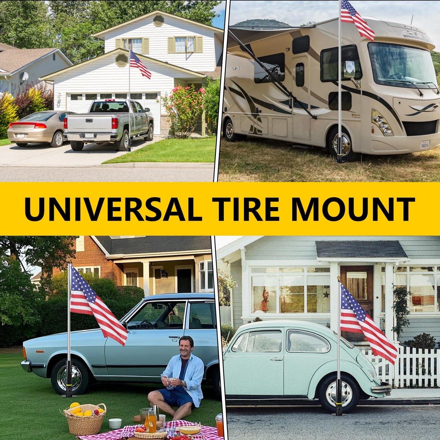 Flagpole Tire Mount, Portable Metal Flag Pole Wheel Stand Tailgate Tire Mount Flagpole Holder Universal for Stand Fits 1.77'' Flag Pole Ideal for Cars RVs Truck Camping Tailgating and Outdoor Events
