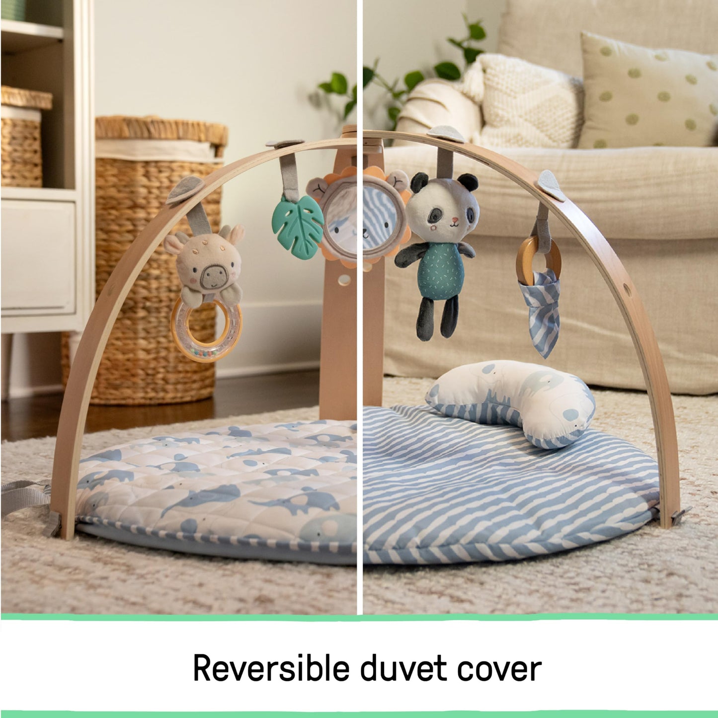 Ingenuity Cozy Spot Reversible Duvet Baby Play Gym & Play Mat with Wooden Toy bar - Elephant March (Neutral Safari), Newborn and up
