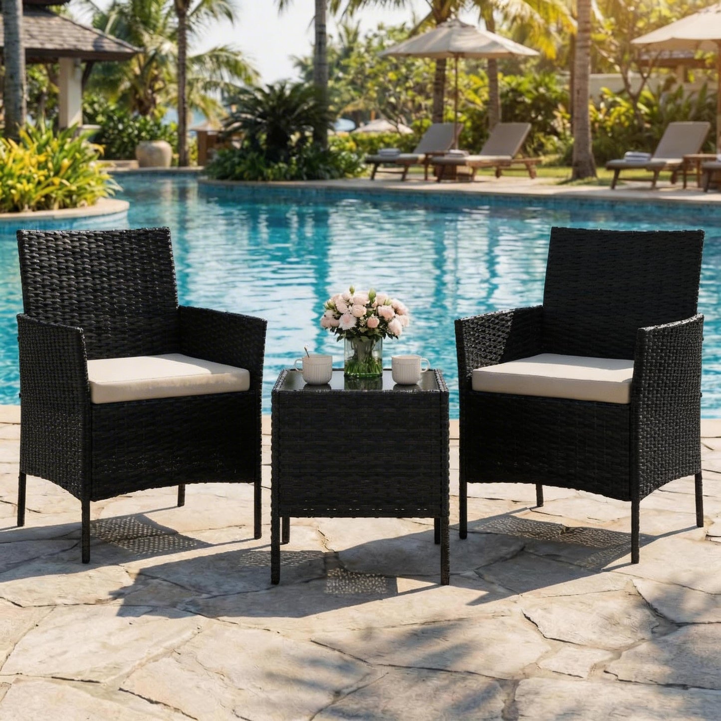 MilleLoom 3-Piece Outdoor Furniture Set, PE Rattan Wicker Chairs with Soft Cushions & Tempered Glass Coffee Table - All-Weather Patio Set for Garden, Backyard, Porch, Poolside (Black/Beige)