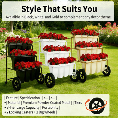 VITNSVILE Mobile Metal Flower Plant Stand, 360° Rolling Flower Display Stand for Indoor Outdoor, Space Saving Flower Bar Stand for Patio, Garden Event White, Black, Gold (White)