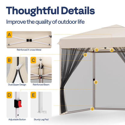 VIVOHOME 10x10ft Easy Pop-Up Canopy, Outdoor Screen Tent with Mosquito Netting, 2 Zipper Doors, and Roller Bag for Yard Camping Picnic Party Events, Beige