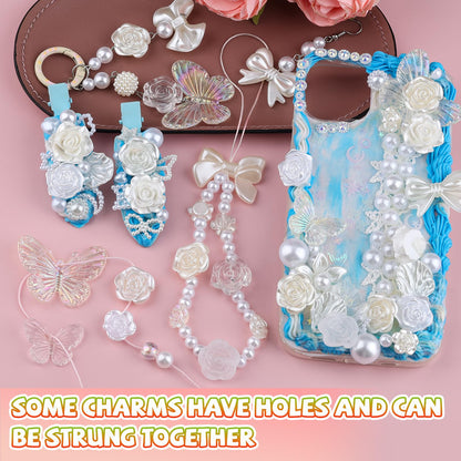 Kikonoke 350 Pieces 3D Resin Rose Flower Bows Butterfly Embellishments Angel Charms Picture Frame with Flatback Pearl Beads for Craft DIY Making Supplies (White)