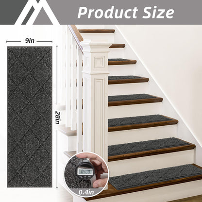 COSY HOMEER Edging Stair Treads Non-Slip Carpet Mat 28inX9in Indoor Stair Runners for Wooden Steps, Edging Stair Rugs for Kids and Dogs, 100% Polyester TPE Backing (4pc, Black)