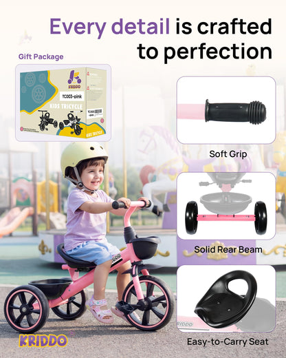 KRIDDO Tricycle for 2-5 Year Olds - Pink Toddler Trike With Gift for 24 Month to 4 Year Old Girls
