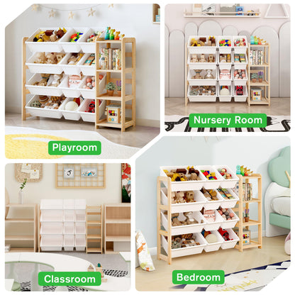 MallBest Kids Toy Storage Organizer with Bookshelf – Wooden Toy Bin Organizer with 12 Storage Bins & 3-Tier Shelf, Toy Shelf for Toddlers, Nursery, Playroom, Bedroom(Natural)