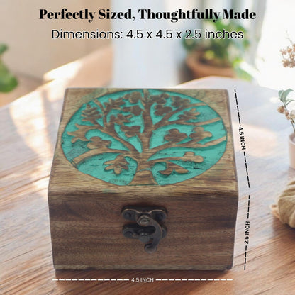 Hind Handicrafts Handmade Mango Wood Jewelry Box - Tree of Life Engraved Keepsake Storage & Organiser - Beautiful Gift Idea for Men & Women - Home Decor & Memorial Use - 4.5" x 4.5" x 2.5"