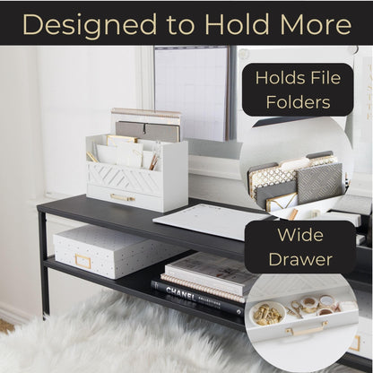 BLU MONACO | White Wooden Mail Organizer with Drawer & Gold Handle | Mail Sorter Organizer Countertop | Tabletop Organizer with Drawers & Outgoing Mail Holder