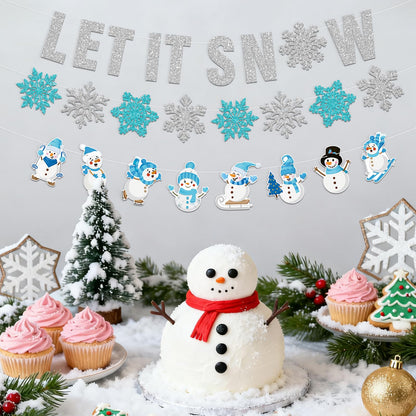 Winter Wonderland Decorations,3Pcs Pre-Strung Glitter Let It Snow Banner Sign,Snowflake Banner,Snowman Garland for Christmas Holiday Party Decorations,Winter Decorations for Home,Wall Indoor Mantle