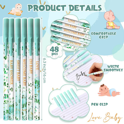 Humyoun 48 Pcs Eucalyptus Leaf Baby Shower Ballpoint Pens Black Ink Bulk for Greenery Baby Shower Party Supplies Guests Gifts School Supply Table Decorations, 6 Styles