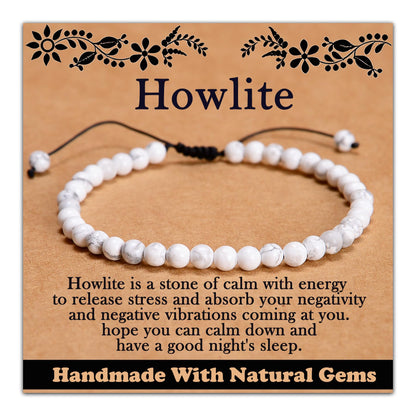 CHCCOYE 4mm Handmade Adjustable Natural Gemstone Crystal Bracelet Healing Power Energy Inspirational Gifts with Card for Unisex (Howlite)