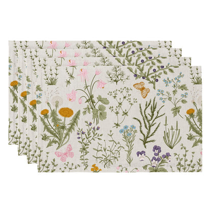 QiyI Boho Placemats Set of 4, 12x18 Inch Linen Fabric Floral Place Mats for Kitchen Dinning, Farmhouse Rustic Cloth Table Mats, Washable Placemat Botanical Party Table Décor, Wildflowers Herbs