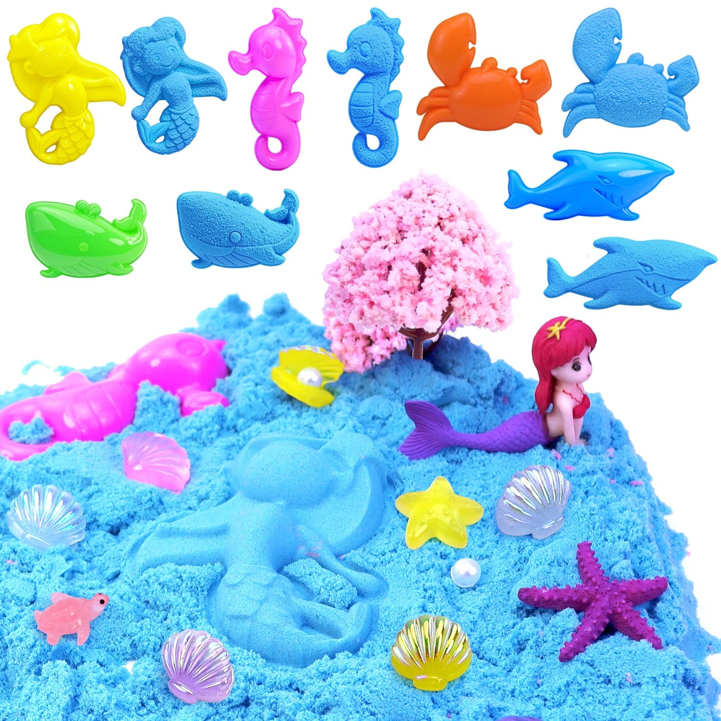 Mermaid Sensory Bin,Play Sand Art Kinetic Sand Play set Fine Motor Skills Montessori Sand Toys with 2.2 lbs Sand & Castle Molds & Sand Shovel Tools,Ocean Theme Educational Toys for aged 3-8 Girls