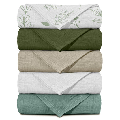 Muslin Receiving Blankets, Neutral Blanket Swaddling for Newborn Boys and Girls, 5 Pack Breathable and Skin-Friendly Swaddle Wrap for Infant Baby (Bright Leaves)