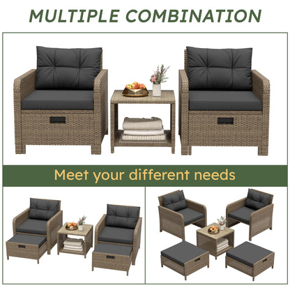 LHBcraft Balcony Furniture 5 Piece Patio Conversation Set, PE Wicker Rattan Outdoor Lounge Chairs with Soft Cushions 2 Ottoman-Glass Table for Porch