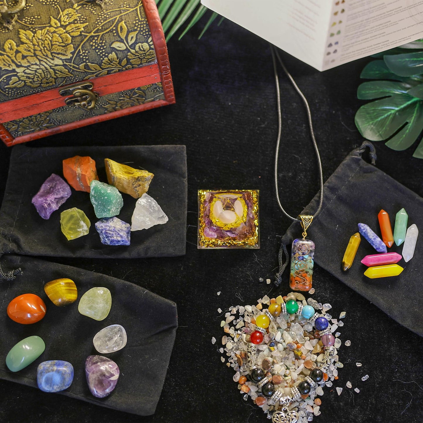 Chakra Healing Stones Set - 7 Raw & 7 Tumbled Crystals with 7 Bullet Shaped Stones, Chakra Necklace, Healing Bracelet & Orgone Pyramid - Spiritual Gift for Reiki, Meditation, Energy Balancing