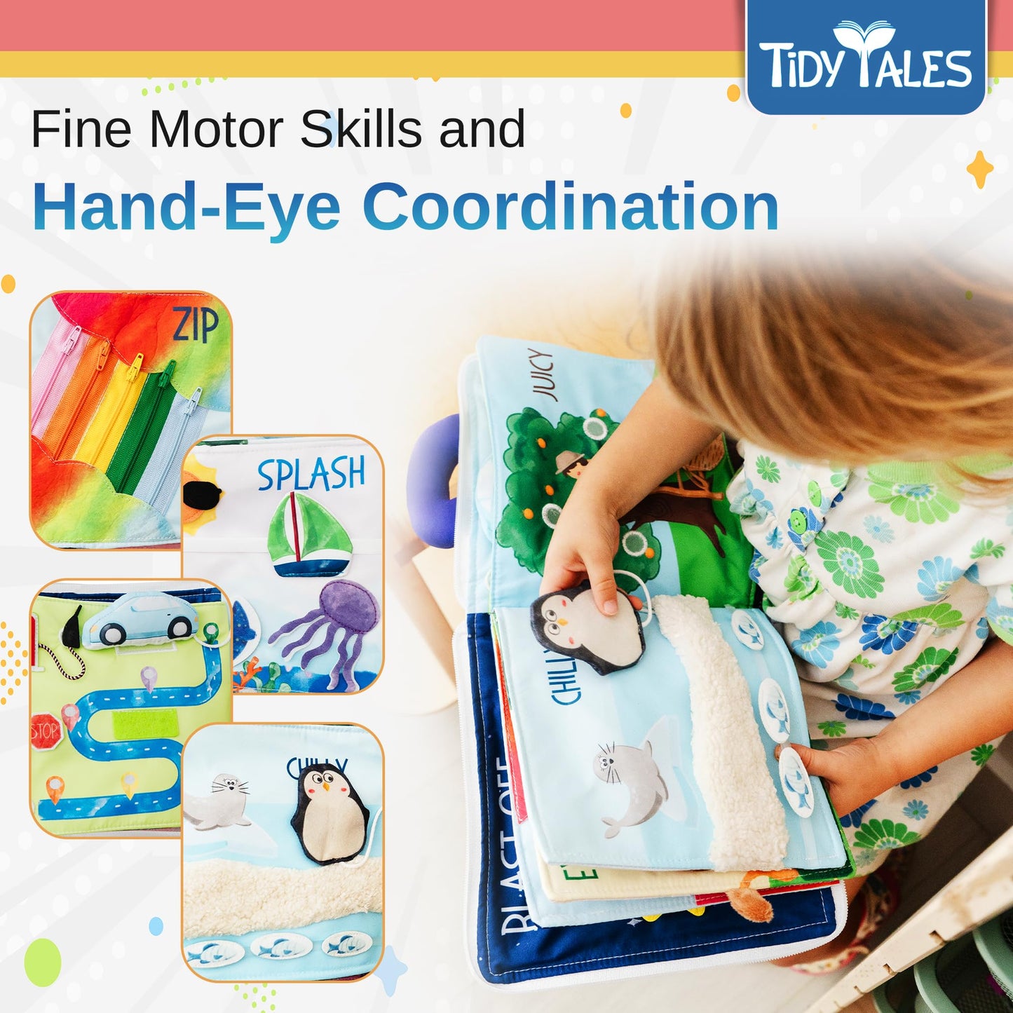 Tidy Tales Busy Book for Toddlers 1-3 - No Loose Pieces - Montessori Toys for 1, 2, 3 Year Olds - Mess-Free Airplane Quiet Board Travel Toy - Educational Busy Board & Soft Toddler Activity Book