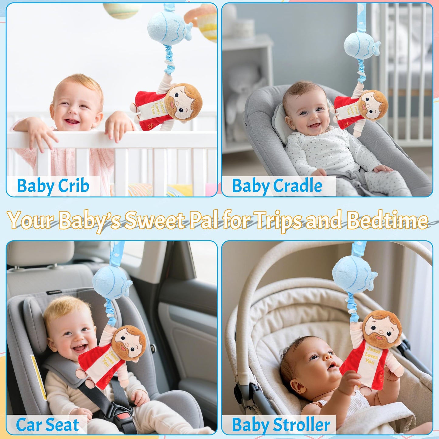 Yelakey Baby Jesus Musical Hanging Plush Toy with Lullaby Music Box Sensory Crib Toy for Newborn Baptism First Birthday Gift