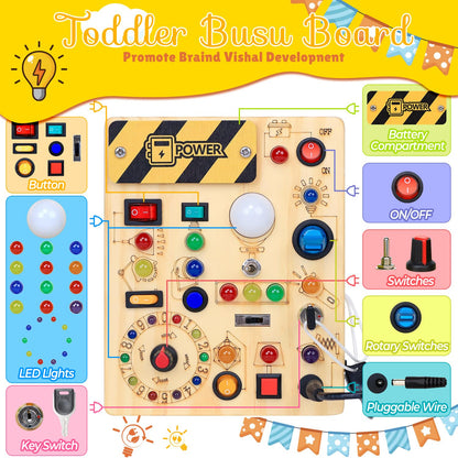 RichBoy Busy Board Montessori Sensory Toy, 37-in-1 Switch Board with 24 LED Lights, Birthday Gift for 1 2 3 Year Old Boys Girls, Safety for Toddlers Home Travel Essentials (6.7" X 5.3")