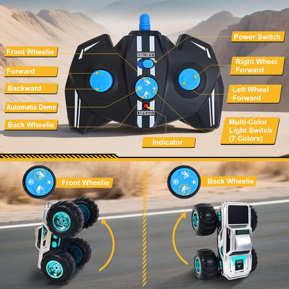 CARRTAN Waterproof Amphibious Remote Control Truck for Kids, Gyroscope Self-Balancing Monster Truck with Wheelie Stunts, LED Lights, All-Terrain RC Car for Boys Girls Ages 6–12, Outdoor Pool Toy Gift