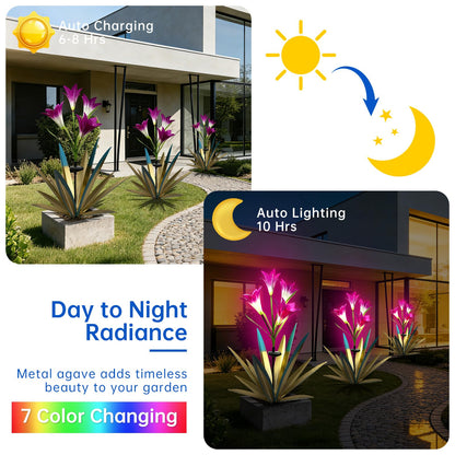Homight Solar Metal Agave Lily Flower Garden Sculpture with LED Lights 30.3 Inch Waterproof Outdoor/Indoor Yard Decor Handmade Lawn Ornament Gift for Family Friends (2, Blue)