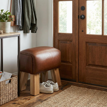 Bare Decor Gorgie Accent Stool in Brown Genuine Leather with Teak Legs Small
