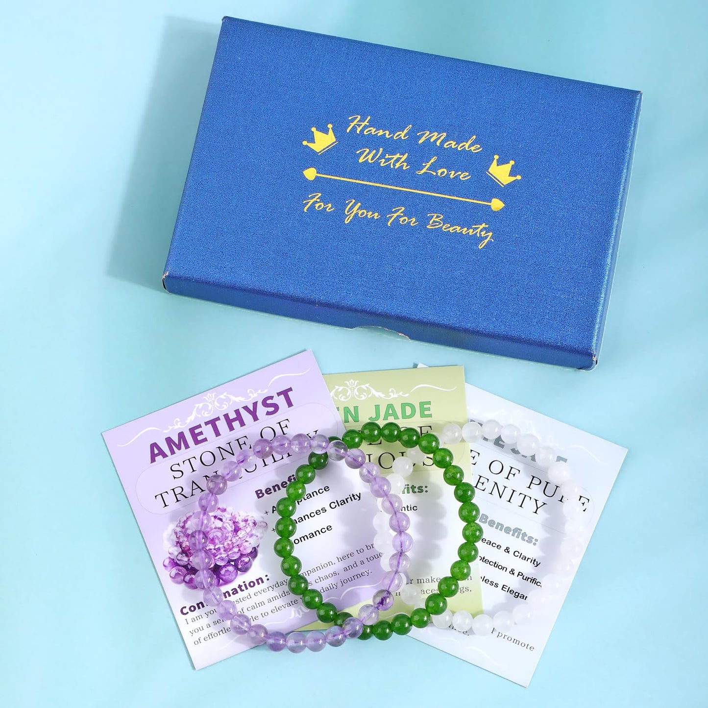 NCB 3-Piece 6mm Natural Crystal Gemstone Stretch Bracelets – ﻿Amethyst, Green Jade, White Jade Handmade Reiki Energy Healing Jewelry for Meditation,Yoga, Unisex