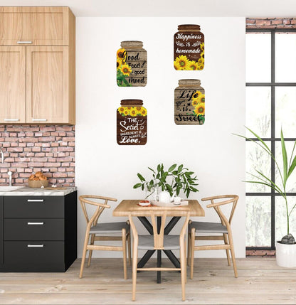 4 Pieces Kitchen Wall Decor Mason Jar Set, Wooden Kitchen Dining Room Signs Country Wall Art Farmhouse Tiered Tray Decor 7.1 * 4.7Inch (Sunflower)