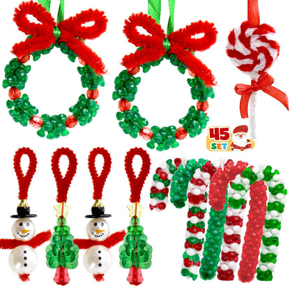 Hifunwu 45 Sets Christmas Beads Ornament Kit, Christmas Crafts with Pipe Cleaners to Make Snowman Christmas Tree Wreath Candy Cane Lollipop