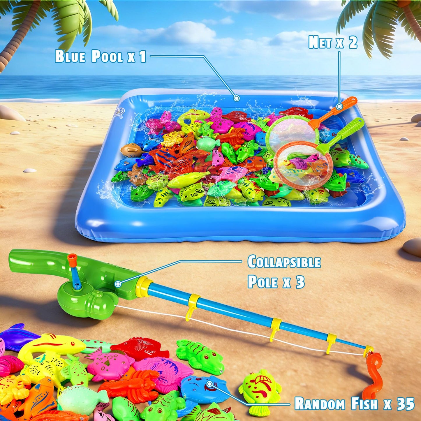 CozyBomB™ Magnetic Fishing Toys Game Set for Kids | Water Table Bathtub Kiddie Pool Party Pole Rod Net, Outdoor Plastic Floating Fish, Toddler Bath Color Ocean Sea Animals Birthday Gift Age 3-5 6 4-8