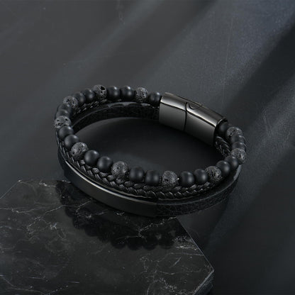 Raymard Mens Tiger Eye Matee Black Onyx Lava Rock Volcanic Stone Beaded Bracelet, Black Braided Leather Bracelet for Men-Matee Black Onyx&Lava Rock