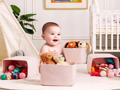 ENAORGAN Set of 4 Pink Rope Basket for Shelves Woven Rectangle Storage Basket Bins for Nursery Toy Storage for Baby Girl