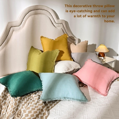 AmHoo Pack of 2 Linen Pillow Covers with Tassels Fringed Decorative Rustic Natural Throw Pillowcase Cushion for Couch Sofa Bedroom 18 x 18-Inch Mustard Yellow