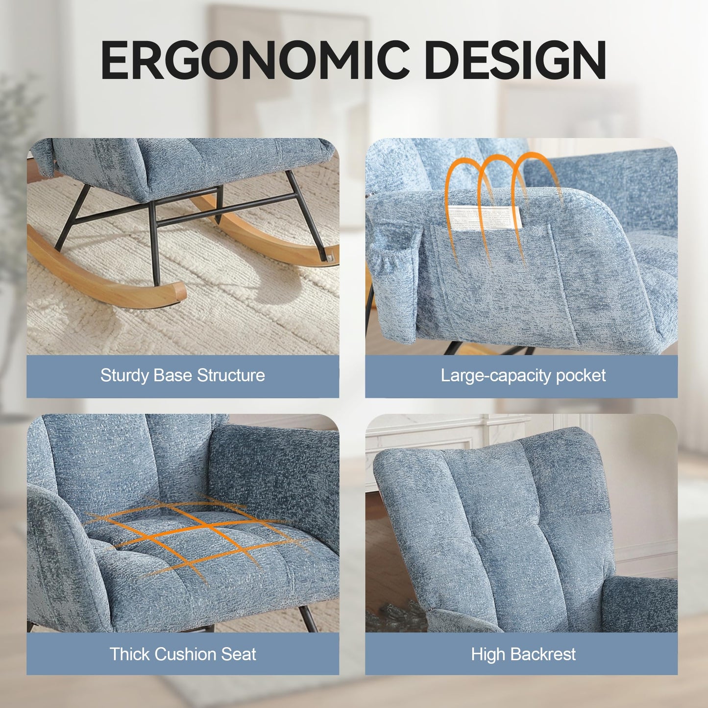 ETCZOYE Rocking Chair with Airbag, Comfy Modern Reading & Nursing Nursery Rocking Chair Indoor, Cozy Upholstered Glider Rocker Chairs for Living Room Bedroom Offices, (Chenille, Blue)