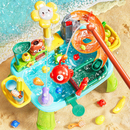 Pupu Pig Water Table Play Sink Toys for Toddlers, Kids Play Kitchen Sink with Running Water, 360° Electric Faucet, Floating Fishing Game, Sensory Water Table Toys for Boys Girls Summer Gifts