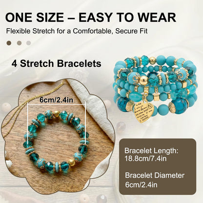 Ysenchan Bohemian Bracelet Set for Women, 4 Pcs Beaded Stackable Bracelets with Heart Charm, Stretch Bracelets, Boho Jewelry Gift – [LakeBlue]