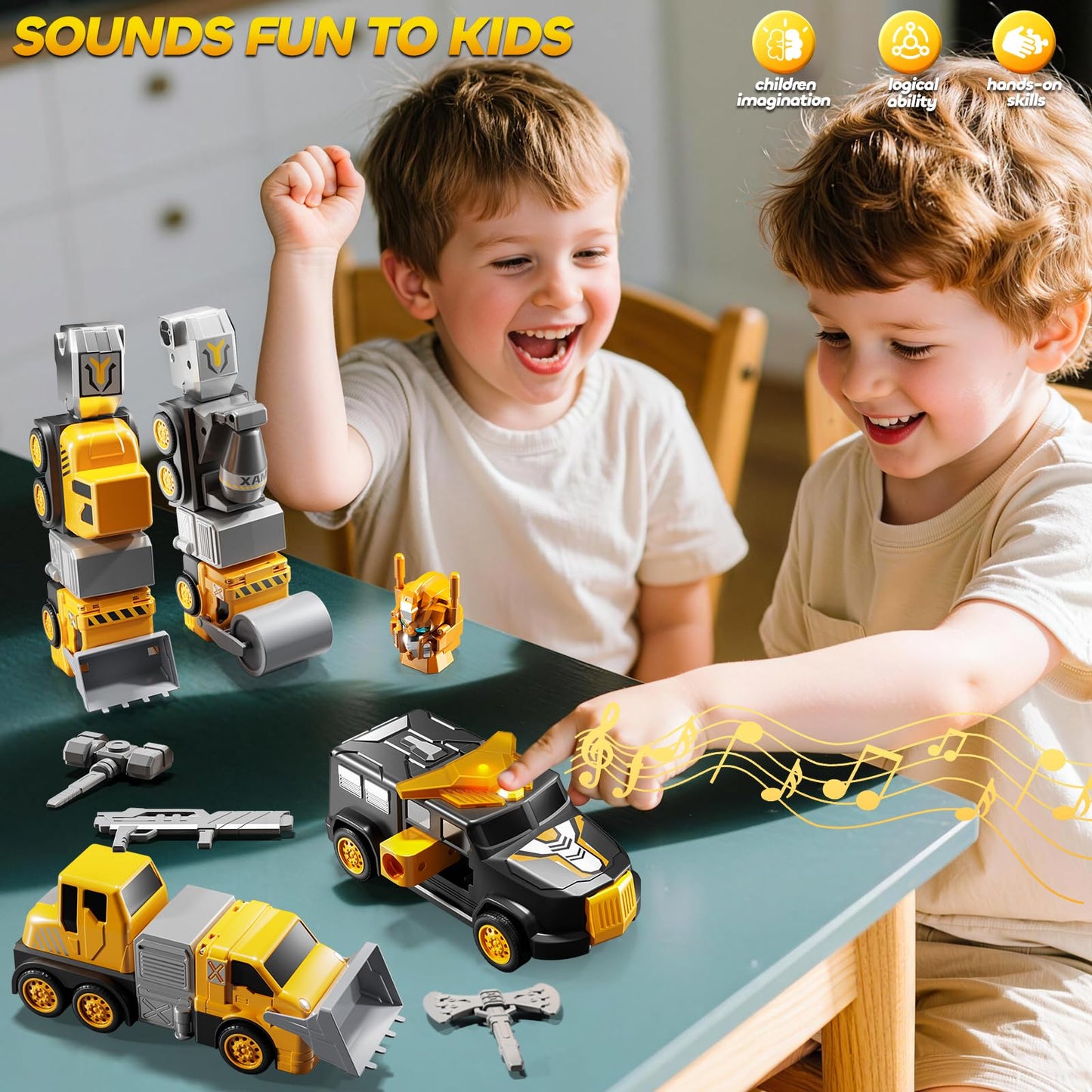 JUKUDAHU 5-in-1 Robot Toys Cars for Kids 3-5, Magnetism Transforming Robots, Detachable Construction DIY Assembling Vehicle Sets, Educational Toys for Boys Girls 3 4 5 6 7 8, Birthday Gifts(Yellow)