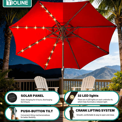 Tioline 9FT Solar-Powered LED Patio Umbrella with Tilt Crank,Outdoor Market Umbrella with 32 Lights,Sunshade for Deck, Garden and Pool,Red