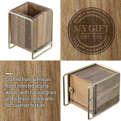 MyGift 3 Inch Modern Premium Solid Acacia Wood and Brass Tone Metal Wire Desktop Pencil Cup, Wooden Tabletop Pen Holder, Office Desk Stationery