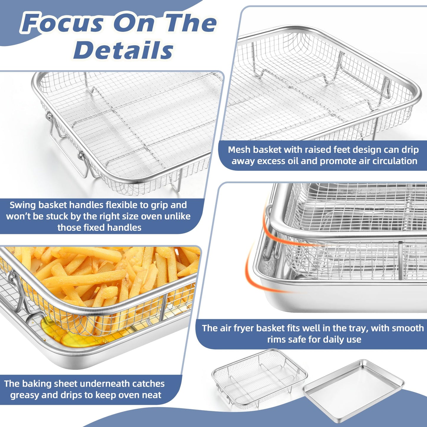 TeamFar Air Fryer Basket for Oven, 12.5”x9.6” Stainless Steel Air Fryer Basket and Tray, Oven Air Fryer Rack with Baking Pan for Cooking Baking Broiling Grilling, Heavy Duty & Dishwasher Safe
