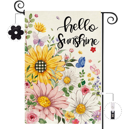 Baccessor Spring Summer Garden Flag Double Sided 12.5 x 18 Inch Burlap with Clip and Stopper,Hello Sunshine Sunflowers Daisy Flag Seasonal Farmhouse Yard Lawn Outside Outdoor Decoration