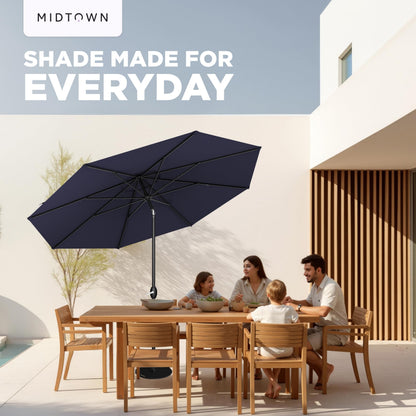 Midtown Umbrellas - 10-Year-No-Fade 9 Ft Patio Umbrella with Terylast Fabric, Auto-Tilt Aluminum Frame and 8 Reinforced Ribs for Deck, Pool, Garden & Beach - Navy Blue Canopy, Black Pole