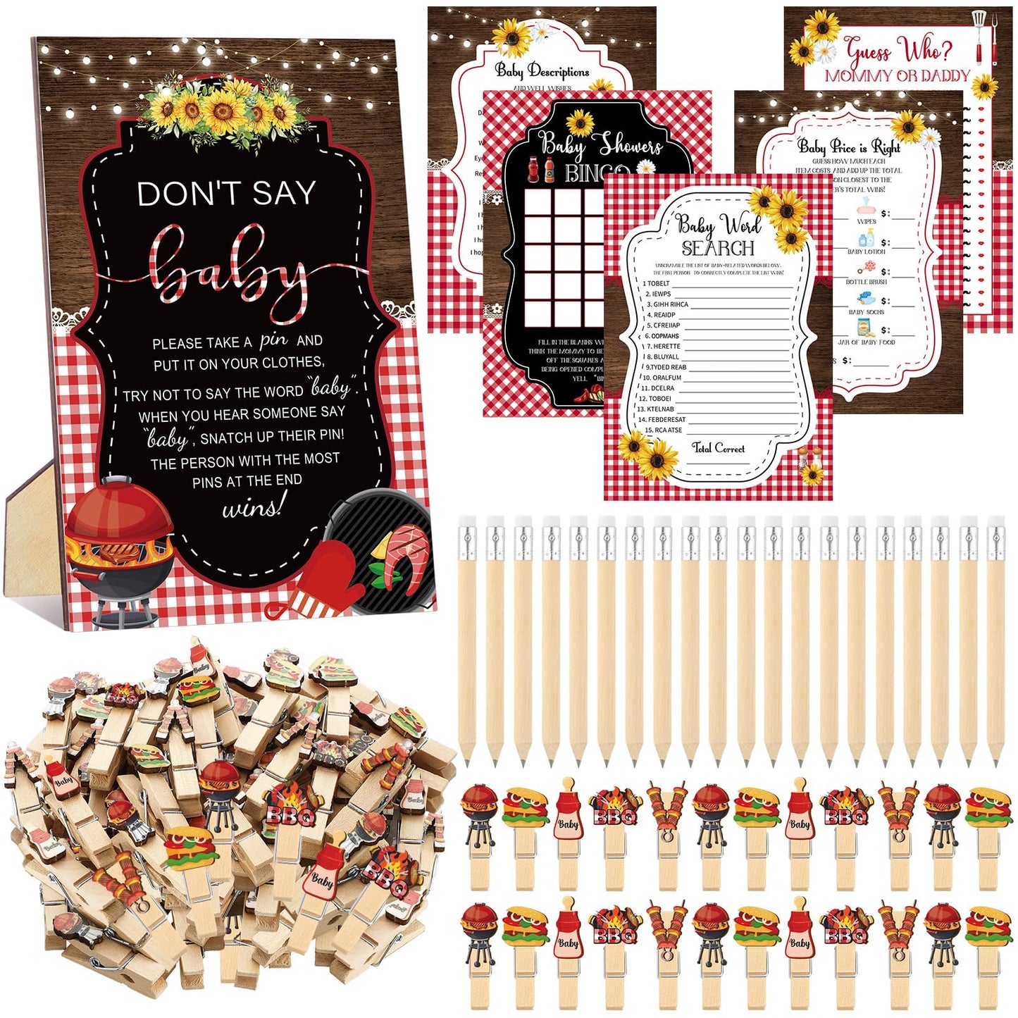 Patelai 321 Pcs BBQ Themed Baby Shower Supplies for Girl or Boy 5 Set Include 50 Activity Cards 20 Pencils 1 Don't Say Baby Sign 50 Clothespins for Price Is Right Prediction Bingo Game Party Decor