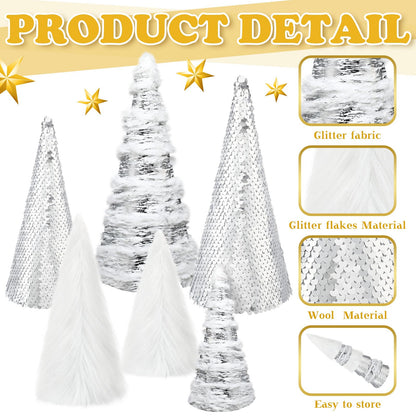 Kigley 6 Pcs White Feather Christmas Cone Tree 10.5" 8" 6" Cone Pedestal Decor Silver Sequins Christmas Tree Table Decorations Xmas Table Centerpiece Farmhouse Xmas Home Winter Holiday Tabletop Decor